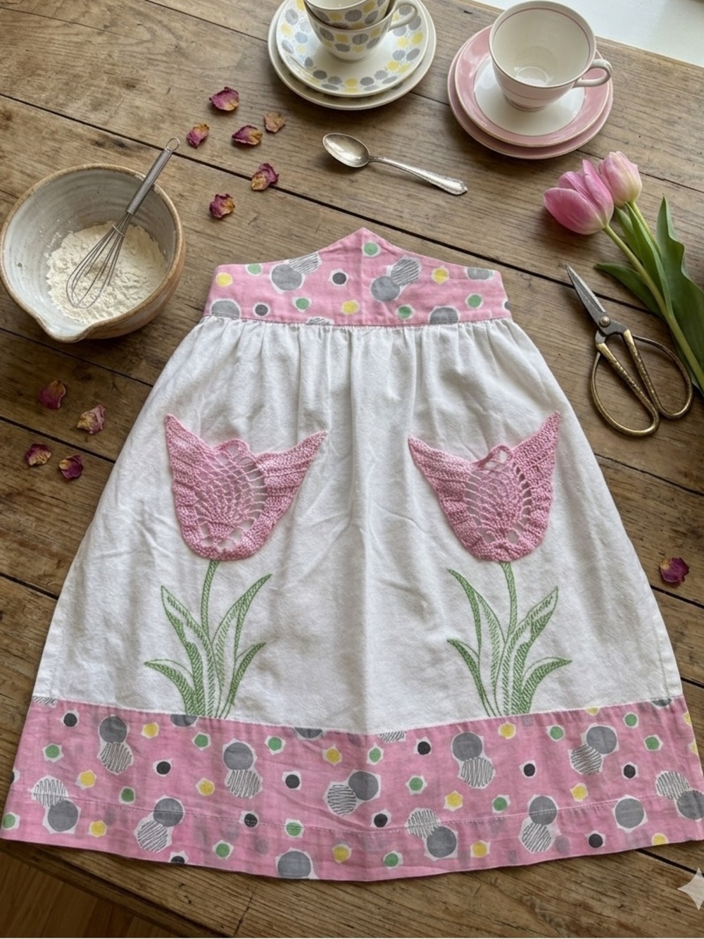 Vtg 1950 Pink Crochet Tulip Pocket Half Apron Geometric Mid-Century Girlhoodcore